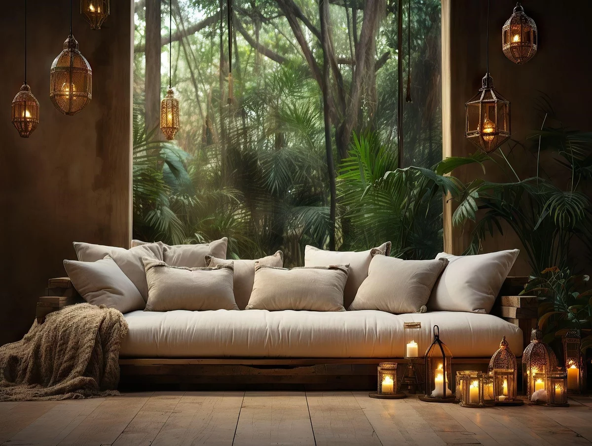 stilvolle Terrassen Ideen - die bequeme Couch ist von Laternen und Hängelampen beleuchtet