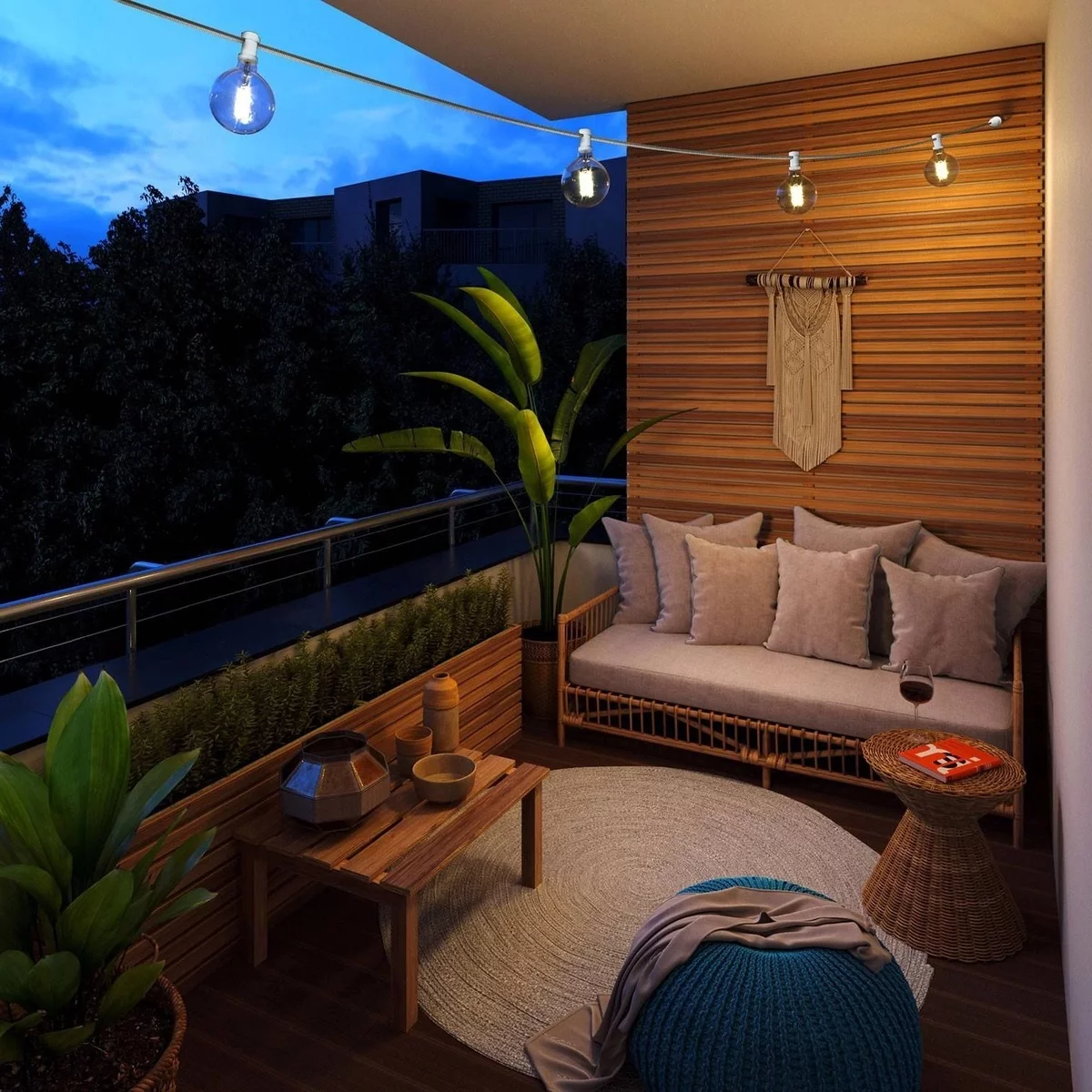 eine kleine Terrasse modern einrichten, beleuchten und mit Topfpflanzen dekorieren