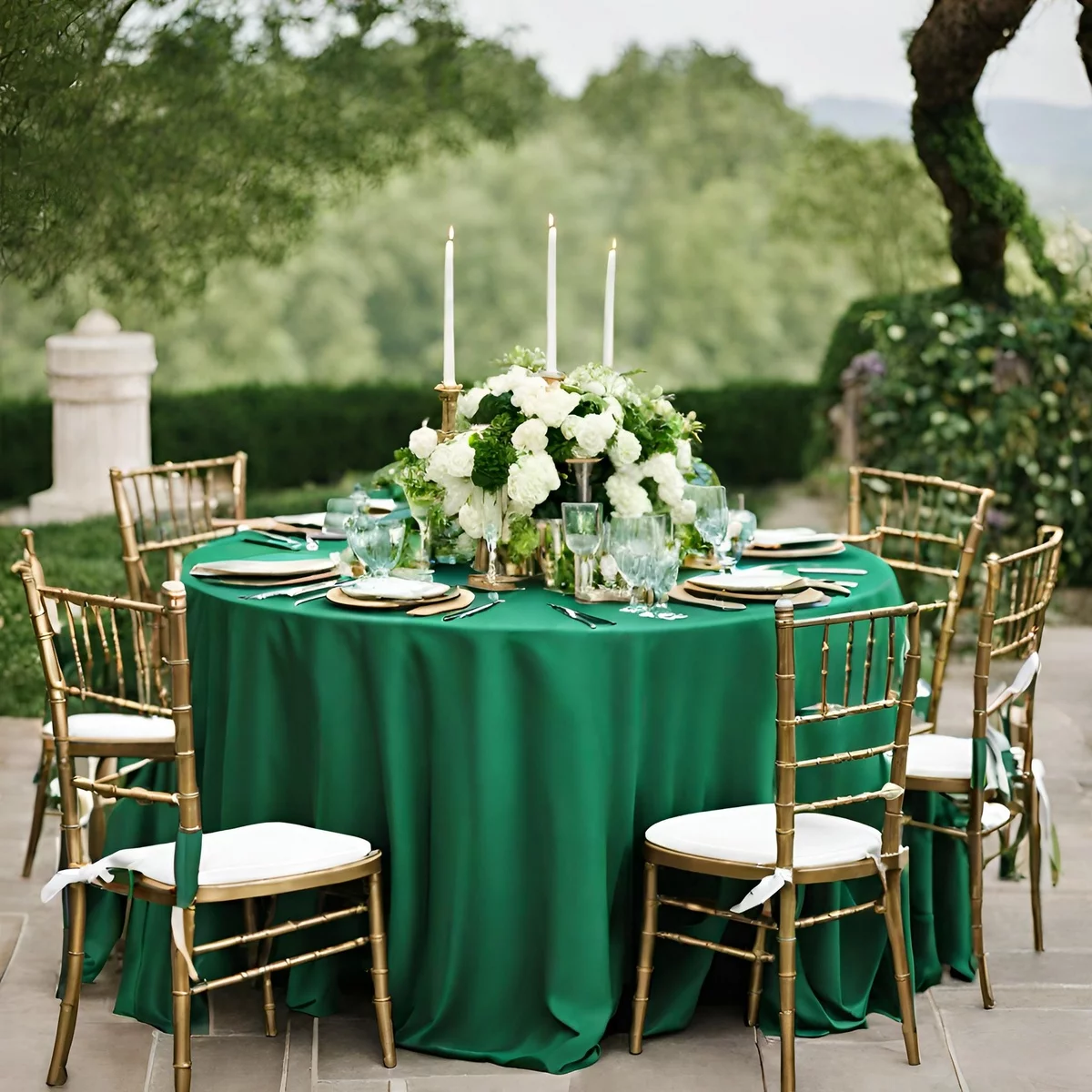 Hochzeitsfeier im Freien -runder Tisch mit grüner Decke Geschirr und weißen Blumen
