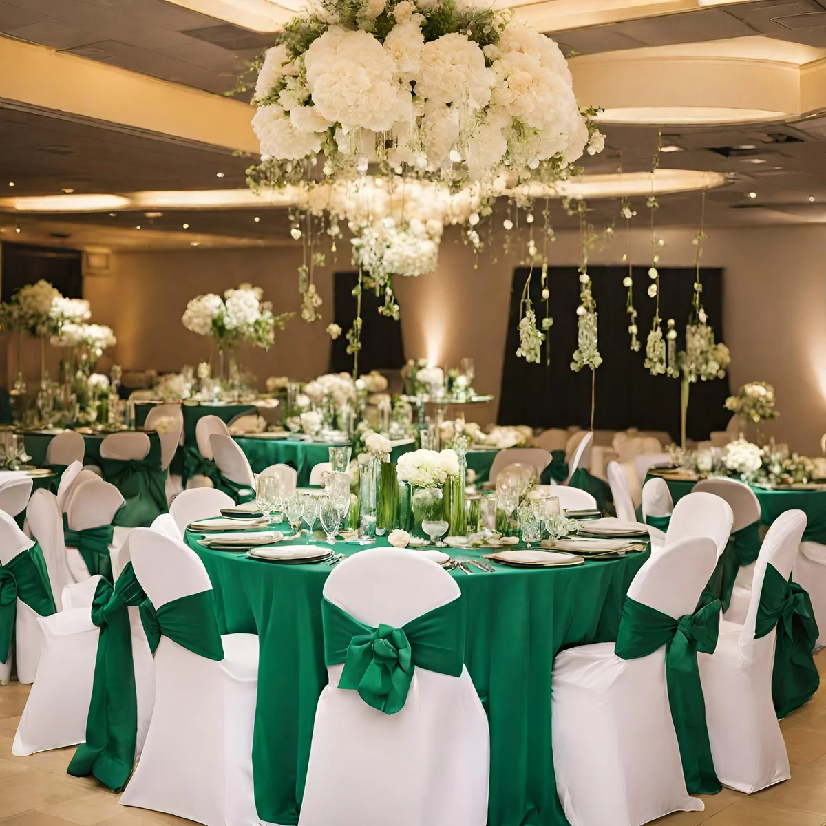 prächtig dekorierter Saal und perfektes Design der Hochzeit Gedecke