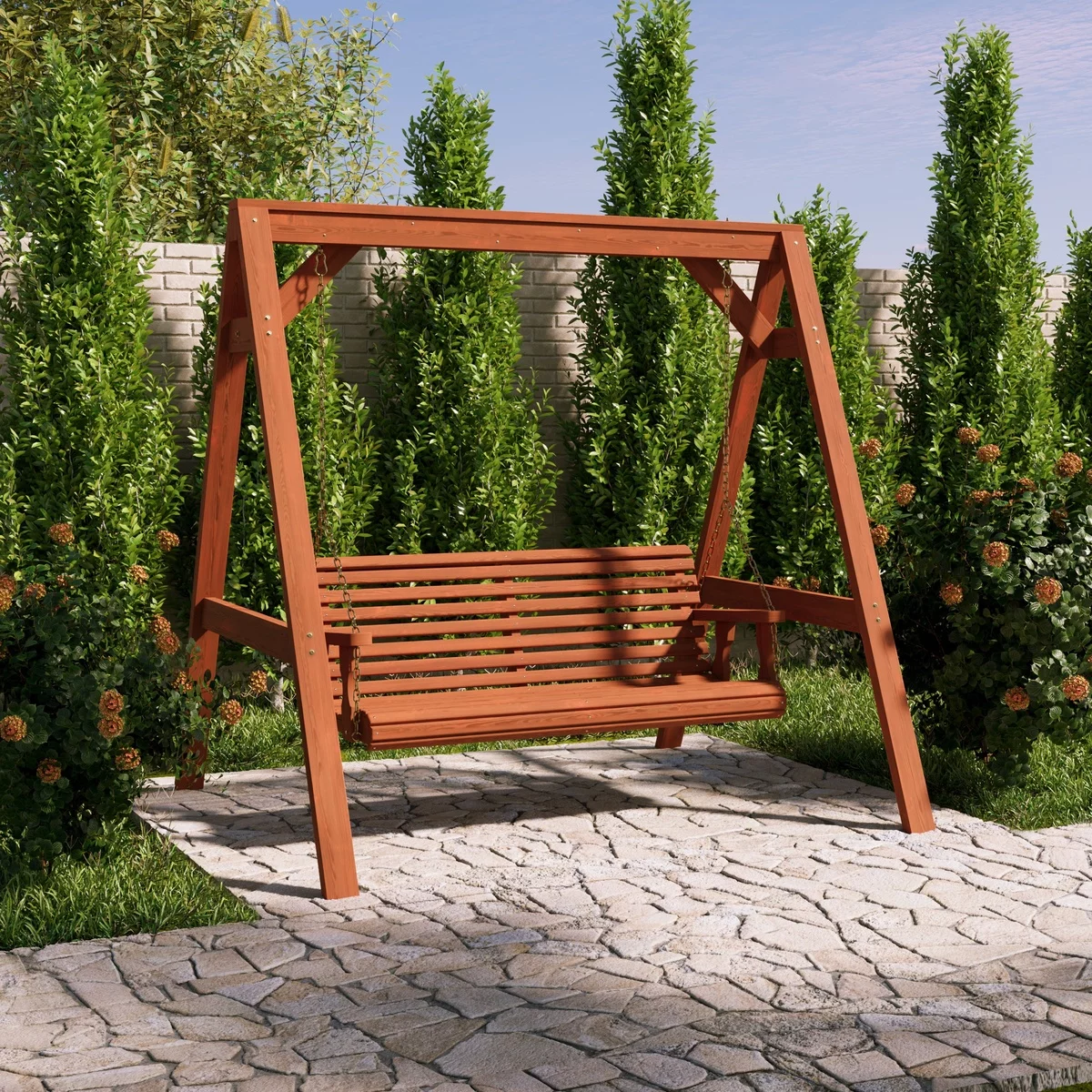 Holzschaukel im Garten platziert