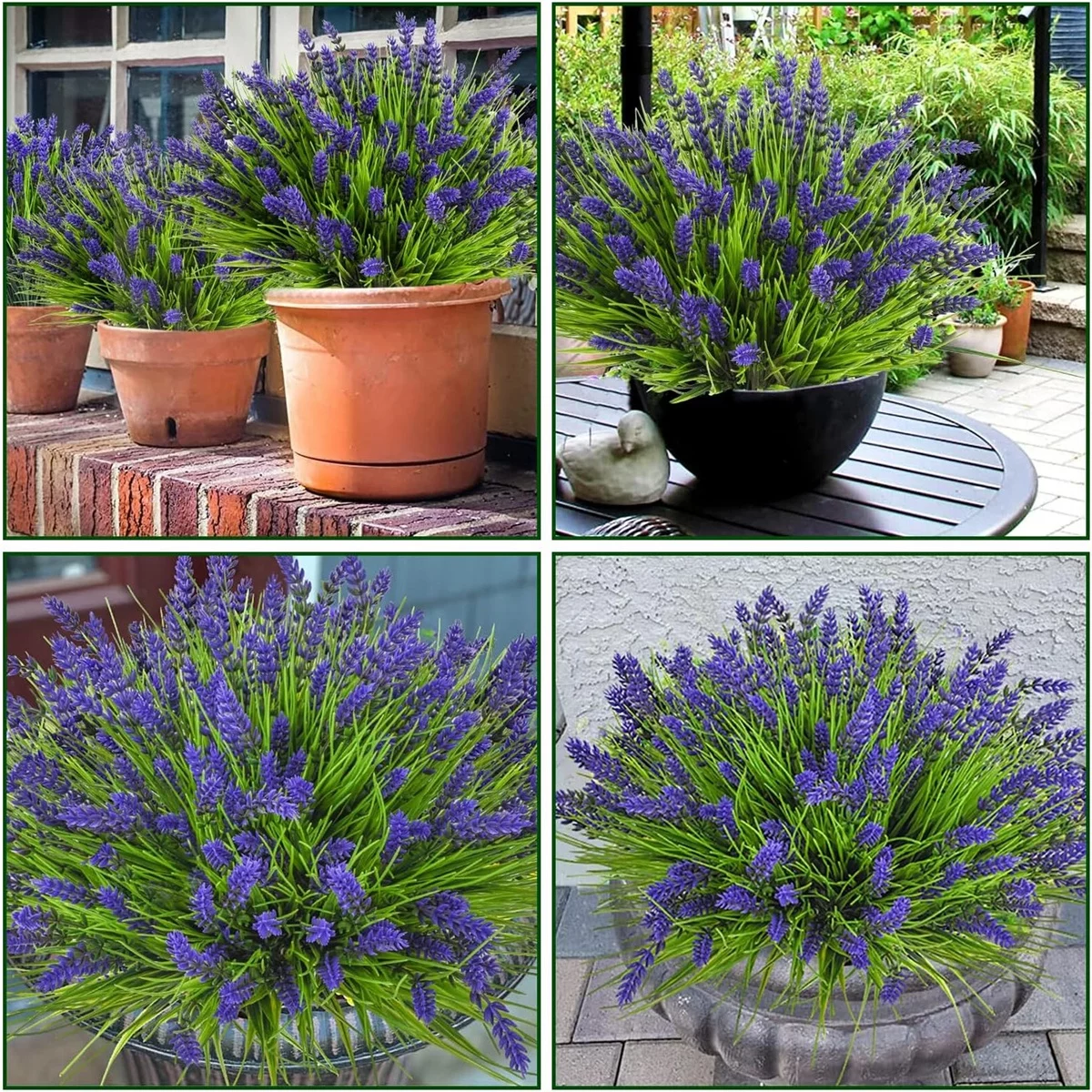 vier Bildbeispiele für Lavendel im Pflanztopf