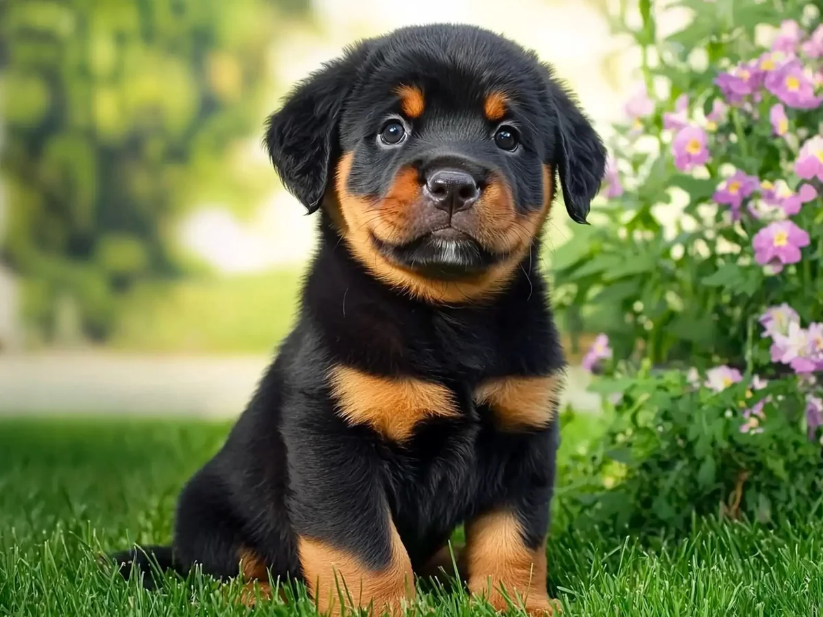 kleiner Hund im Garten sieht zufrieden aus