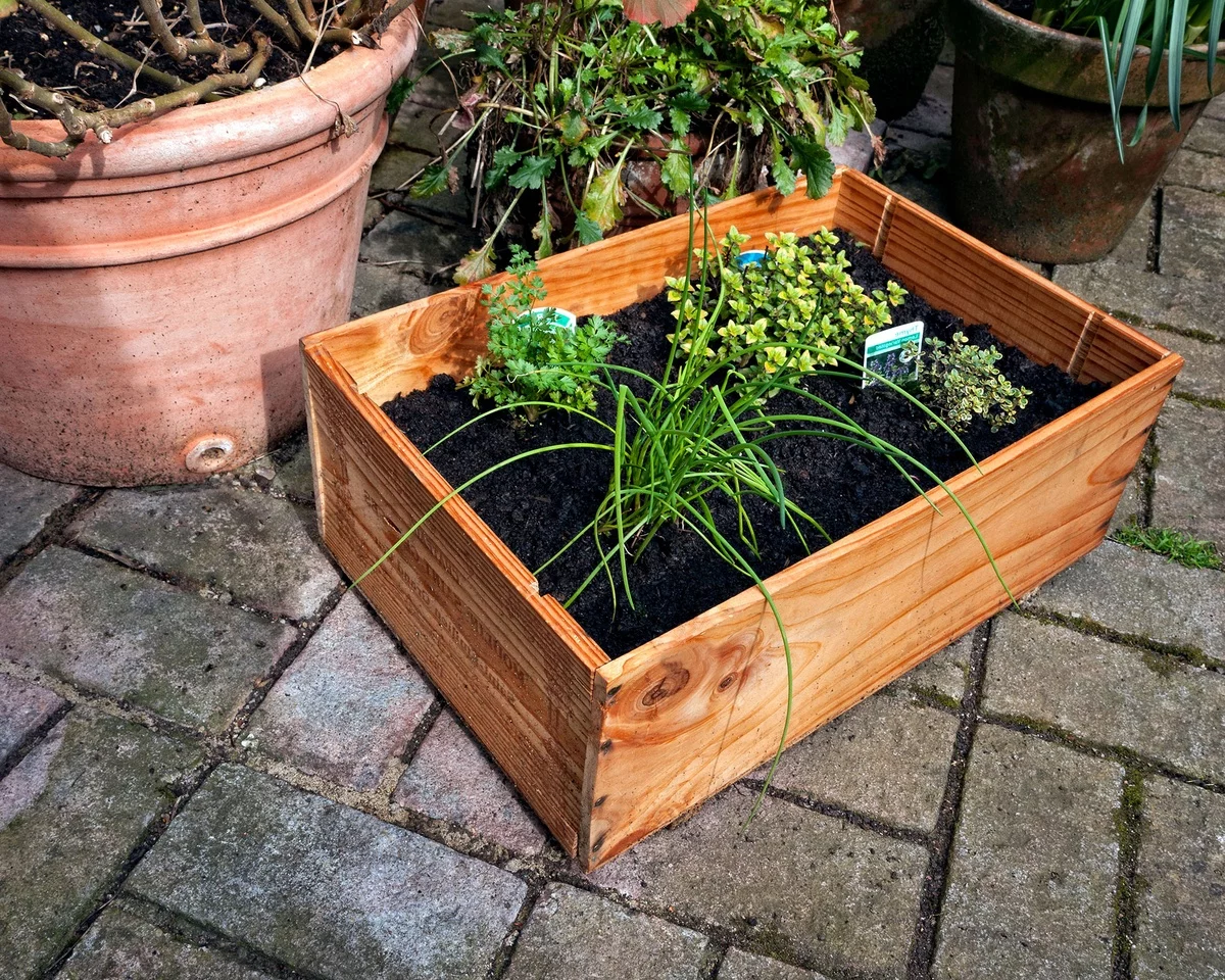 eine Holzkiste als Blumencontainer benutzen - Garten Upcycling Ideen
