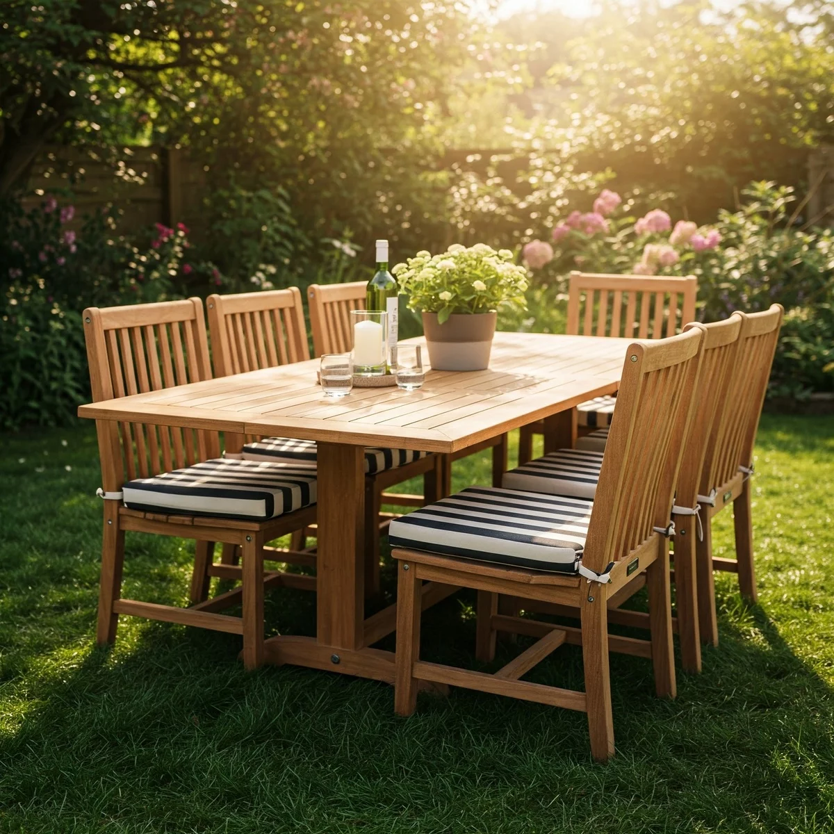Deko Terrassentisch - Holztisch im Freien mit Kerze und Topfpflanze geschmückt 