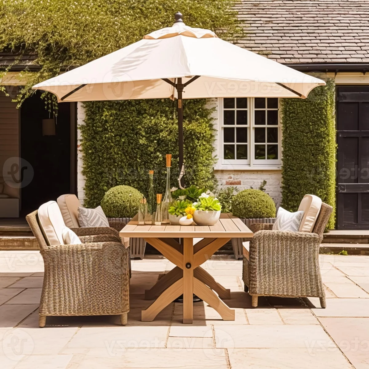 Deko Terrassentisch - Holztisch, Outdoor-Sessel unter einem weitem Sonnenschirm 