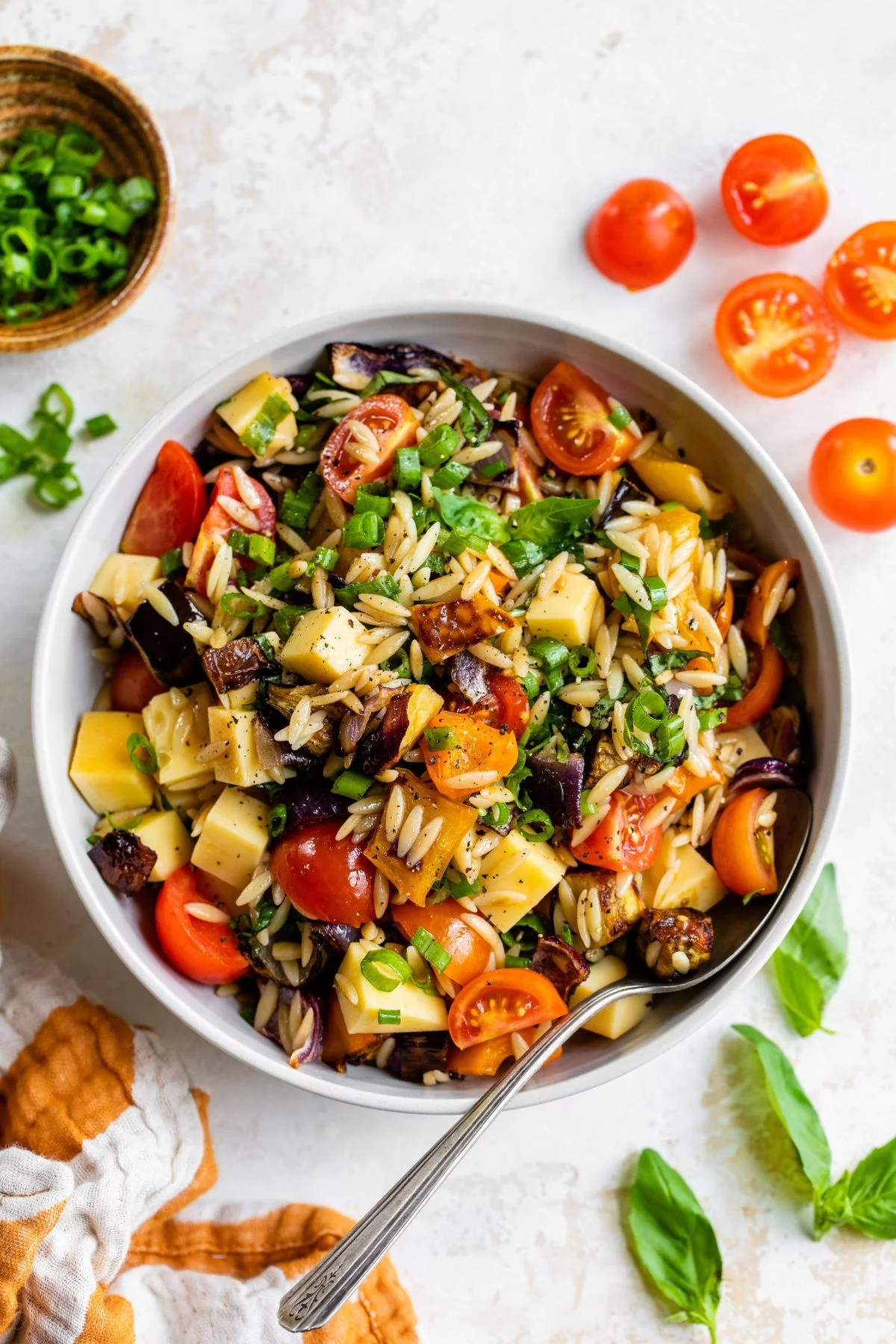 gegrilltes Gemüse mit Stücken Gelbkäse und Reis - leichte Salate zum Grillen