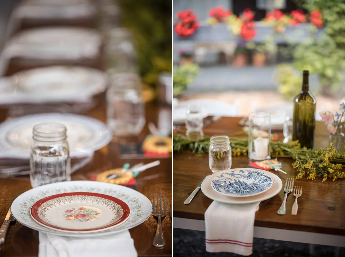 zwei Bilder für rustikale Hochzeit Tischdekoration 