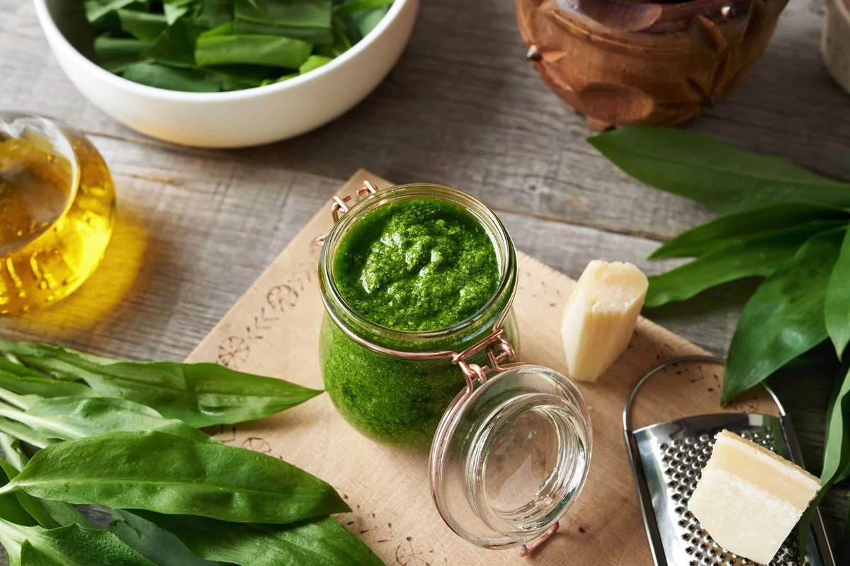 Bärlauch Blätter, Olivenöl und Parmesan - Bärlauch Pesto 