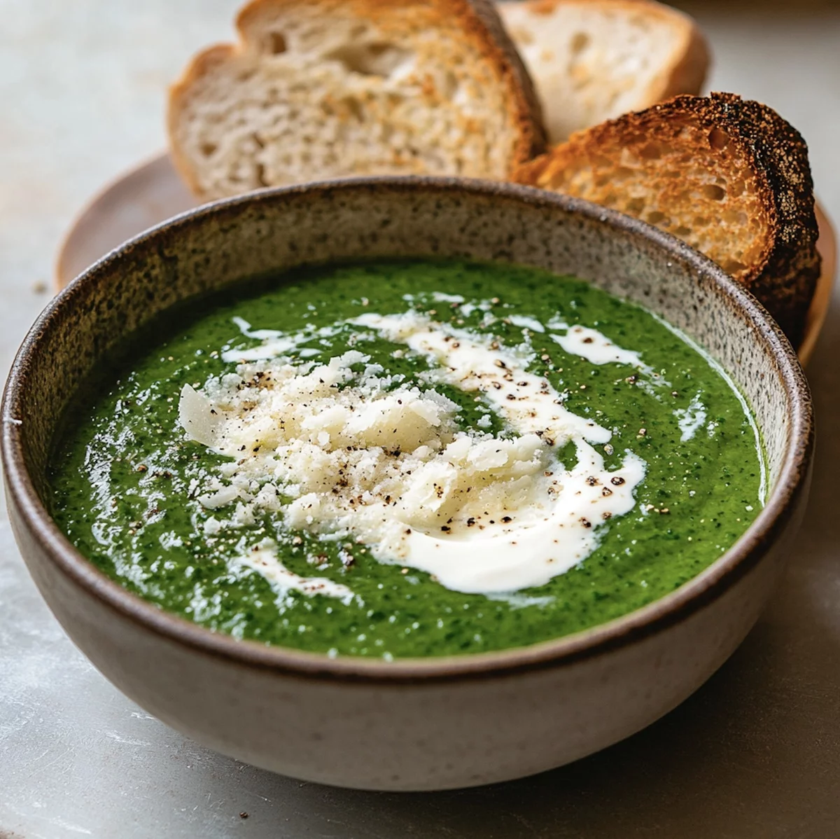 leckere Bärlauchsuppe mit geriebenem Parmesan und Toastbrot
