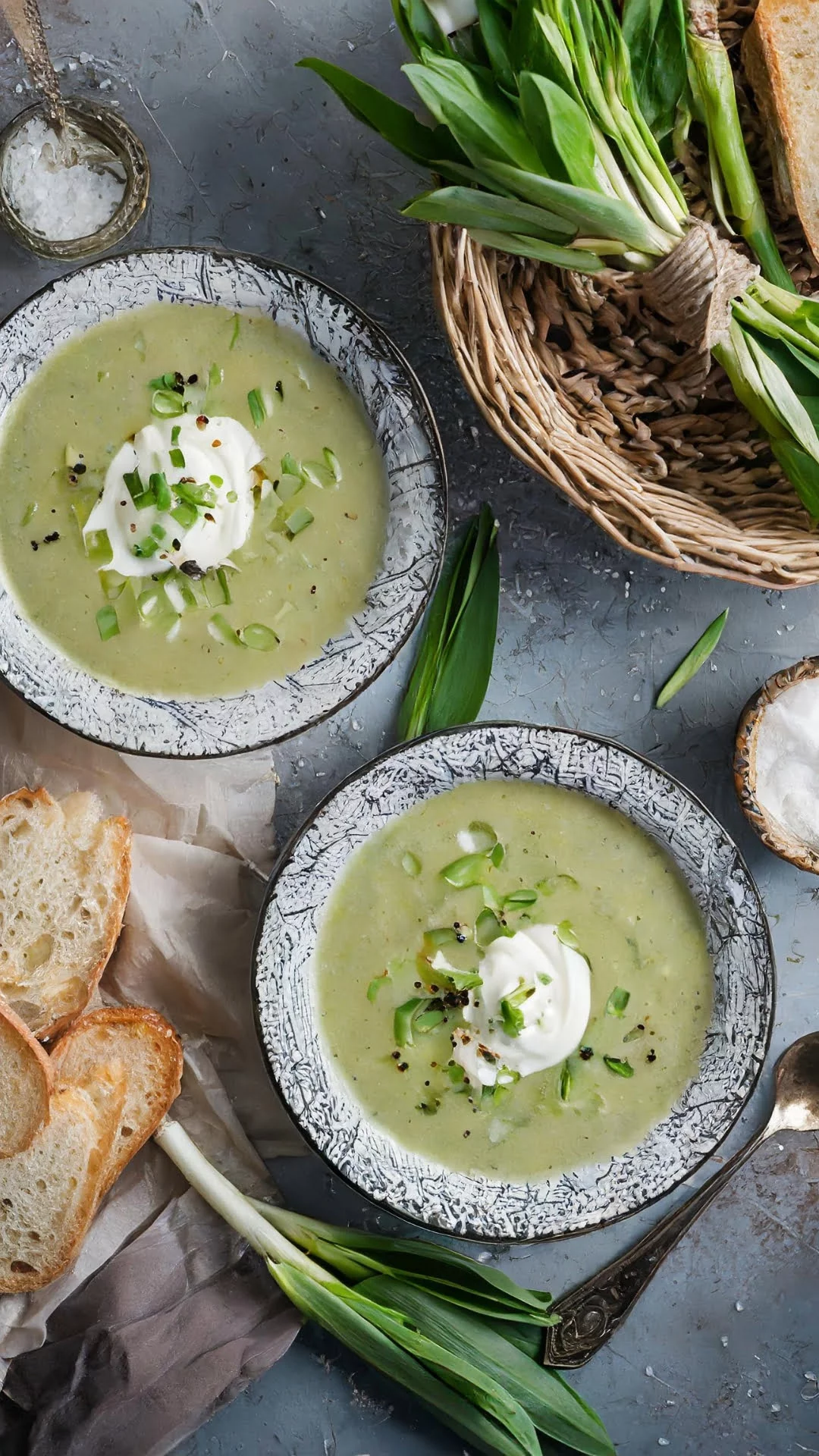 zwei Suppenteller Bärlauchsuppe mit Sahne darauf 