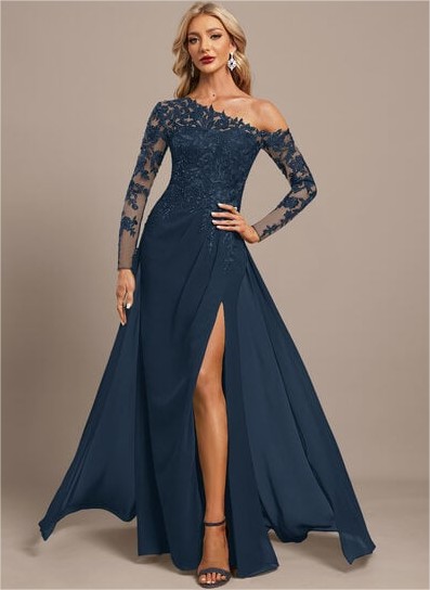 langes dunkelblaues A-Linie Abendkleid mit Schlitz