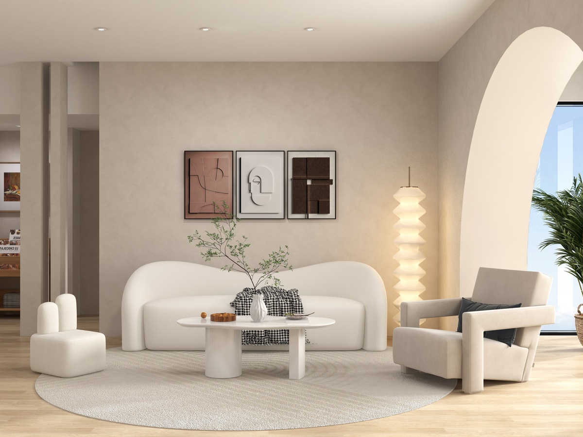 modernes Wohnzimmer in hellen farben im Wabi Sabi Stil