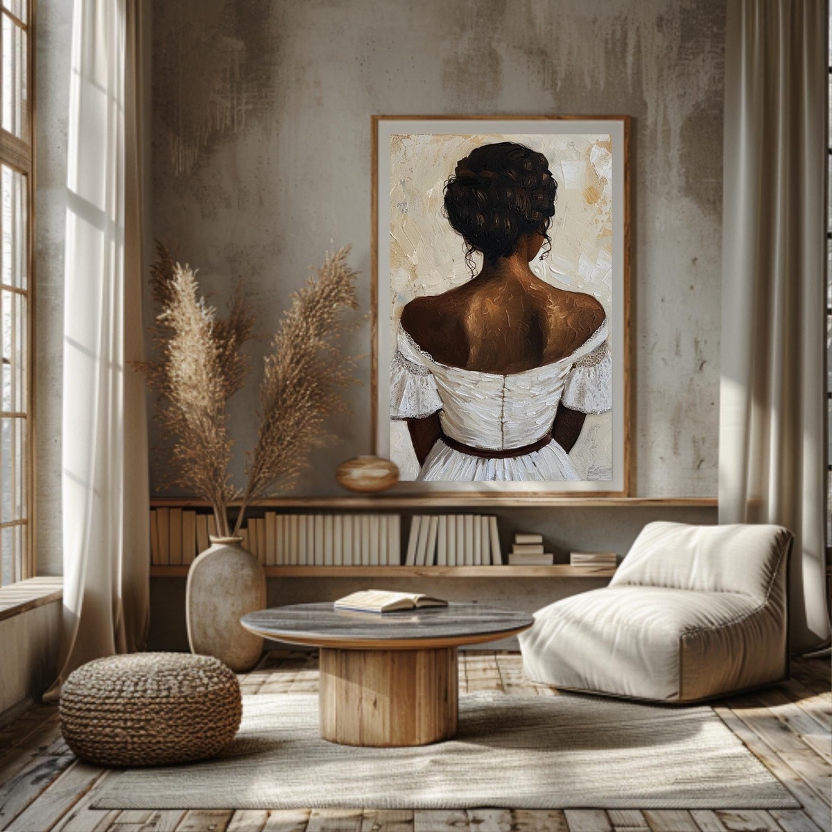 großes Wandbild im Wabi Sabi Wohnraum