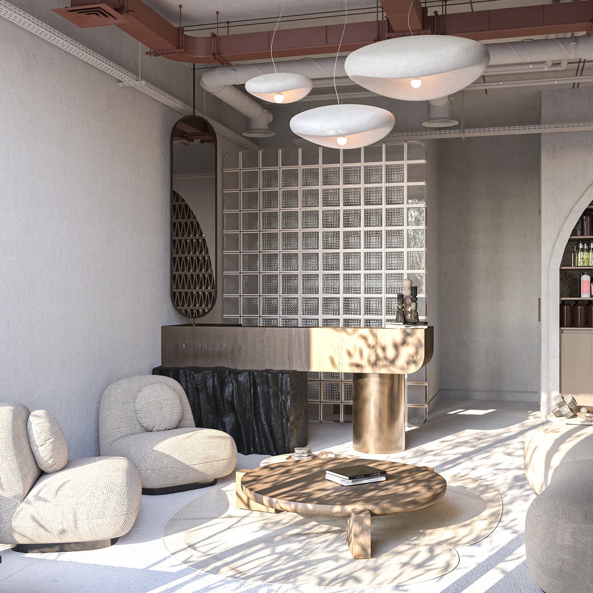 niedriger runder Holztisch im Wabi Sabi Interieur