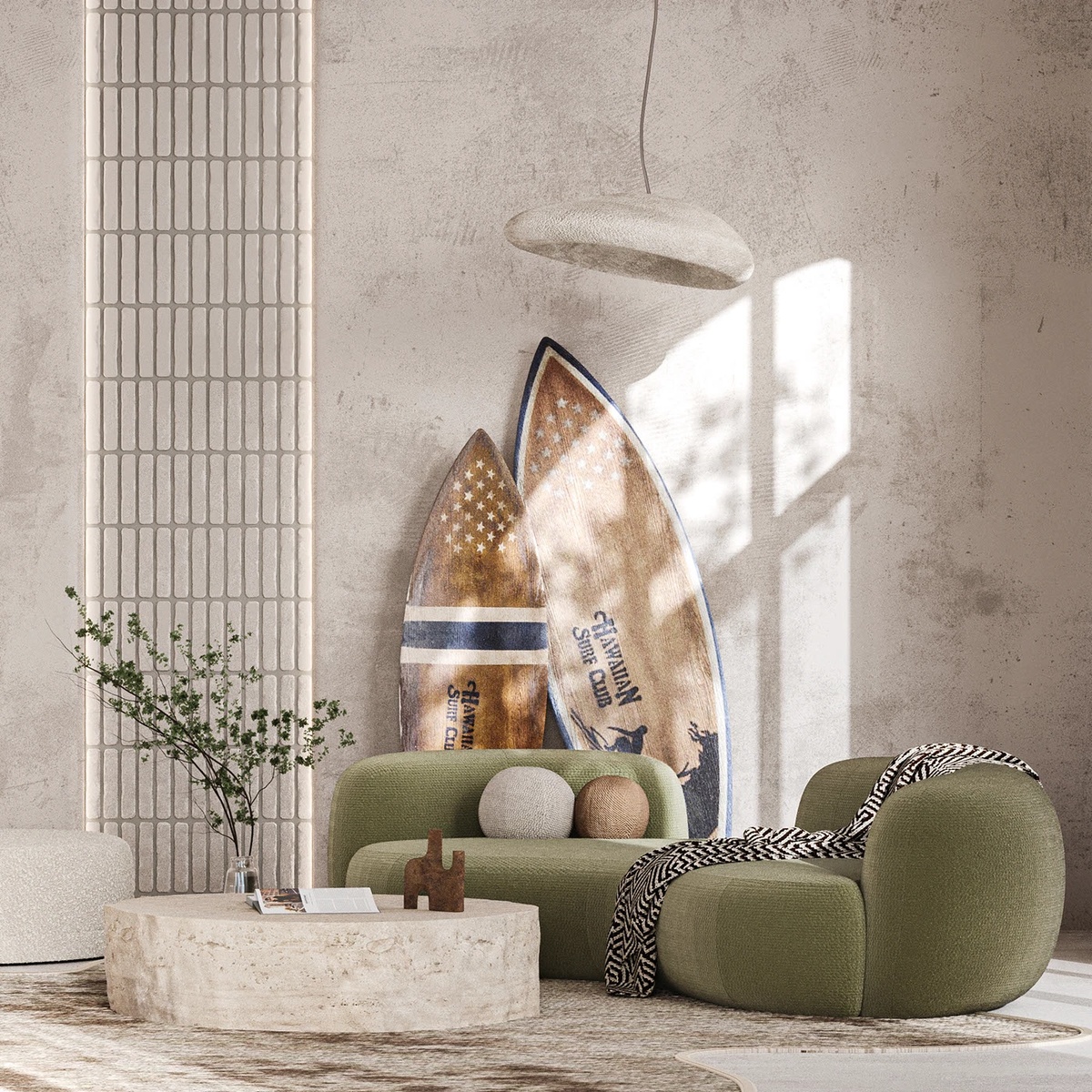 moderne Interpretation des Wabi Sabi Stils im Wohnzimmer