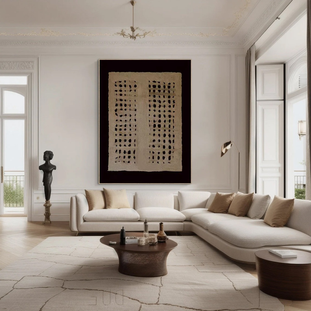 helle Sitzmöbel und Steinboden im Wabi Sabi Wohnzimmer