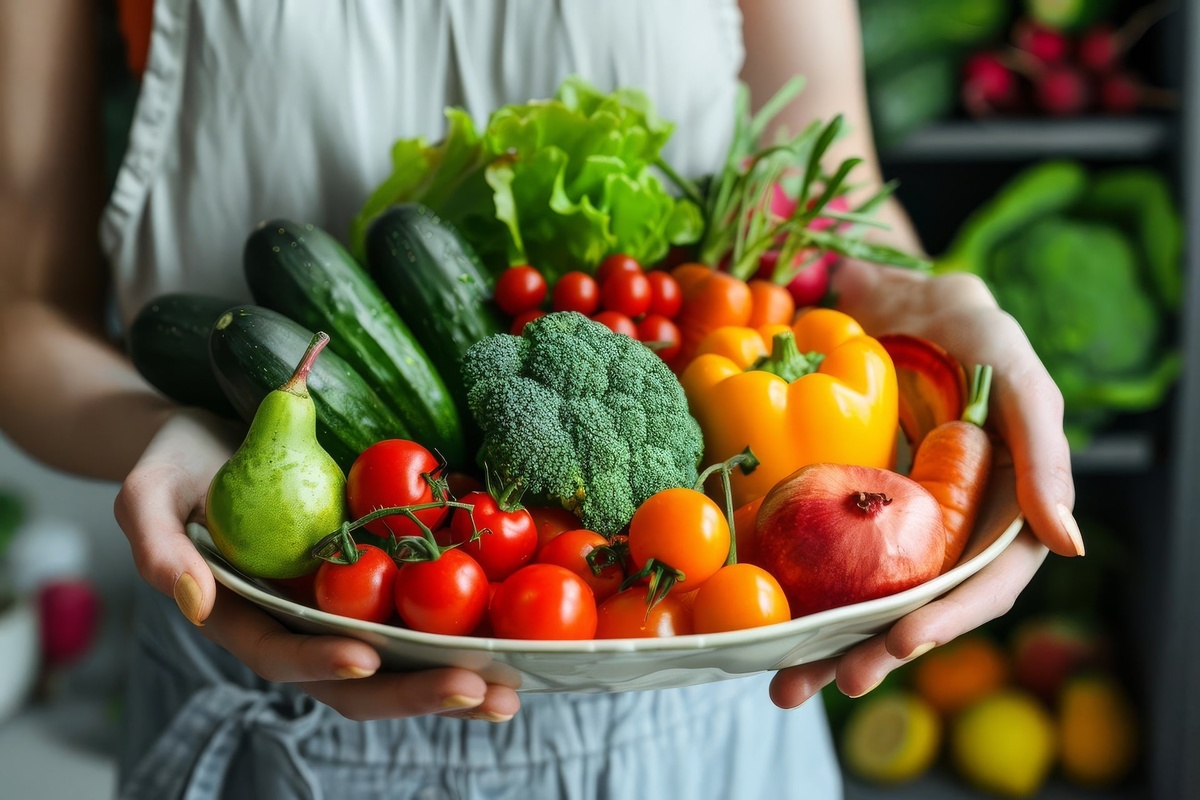 frisches Obst und Gemüse auf einem großem Teller