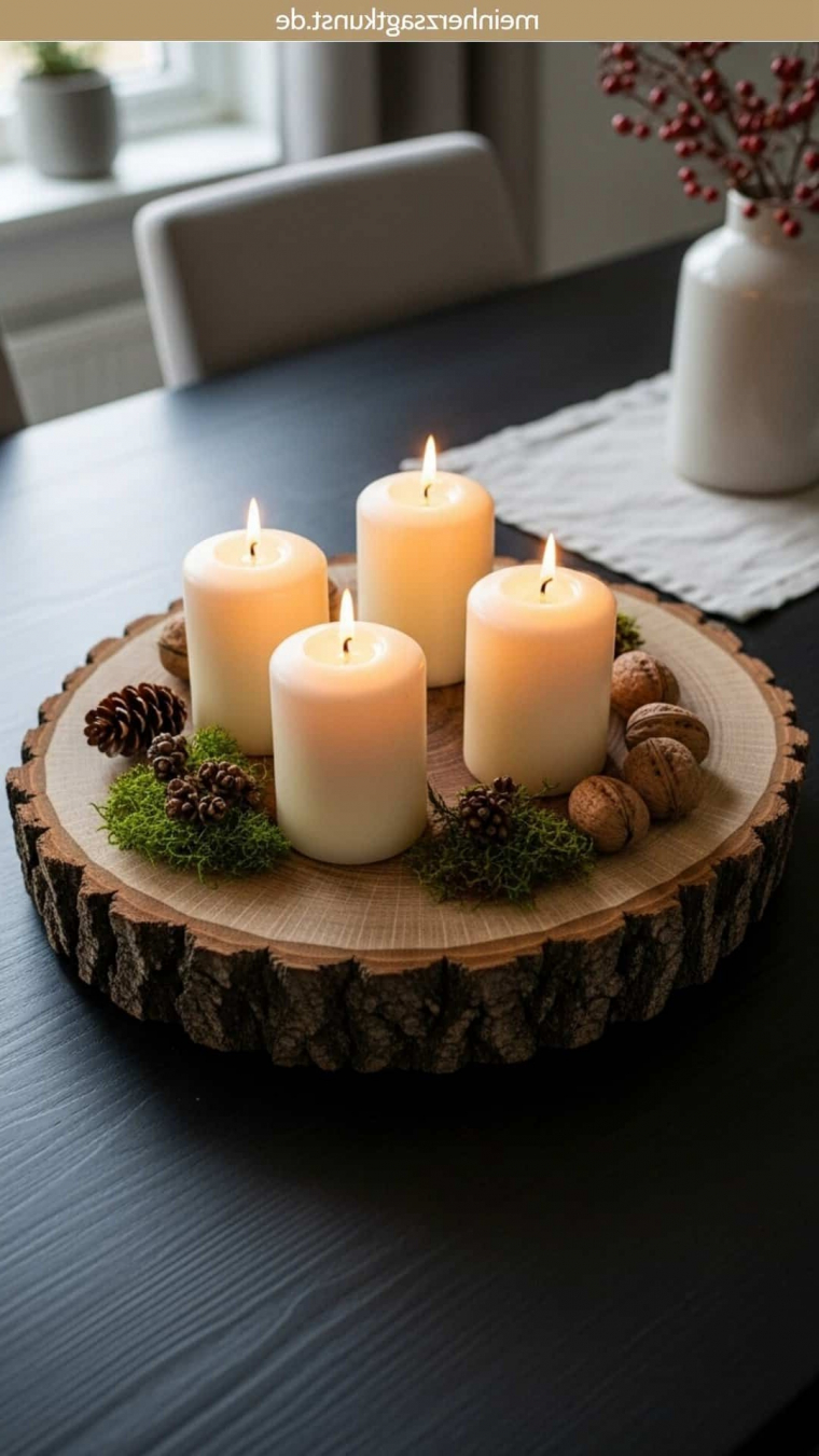 Adventskranz mit vier weißen Kerzen auf einer Holzscheibe