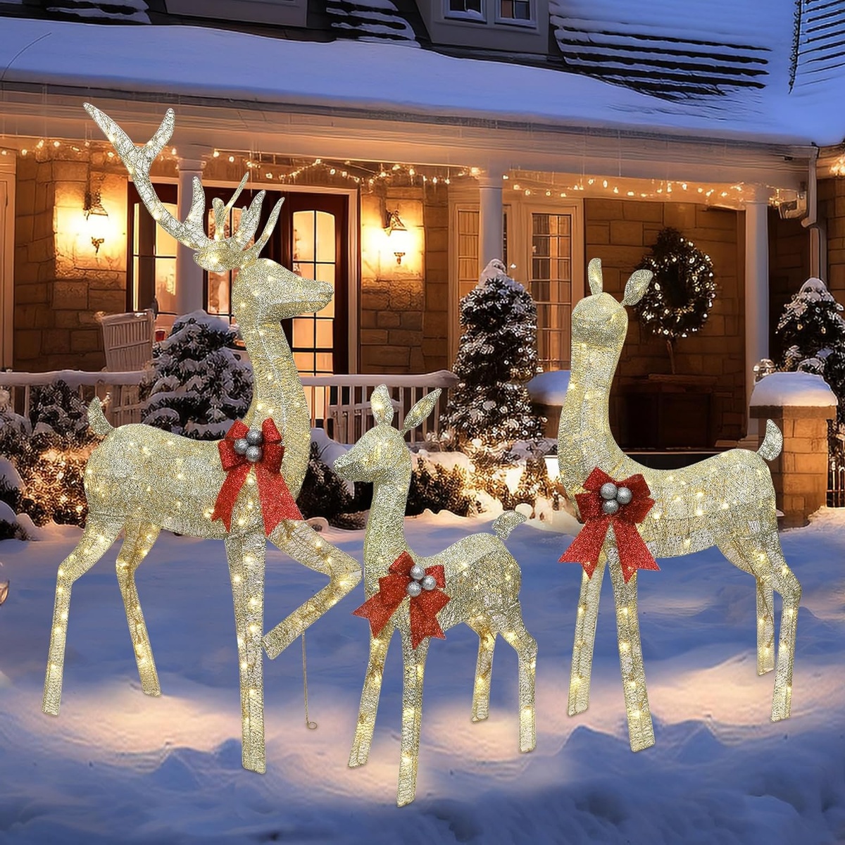 Weihnachtsdeko draußen - leuchtende Rentiere