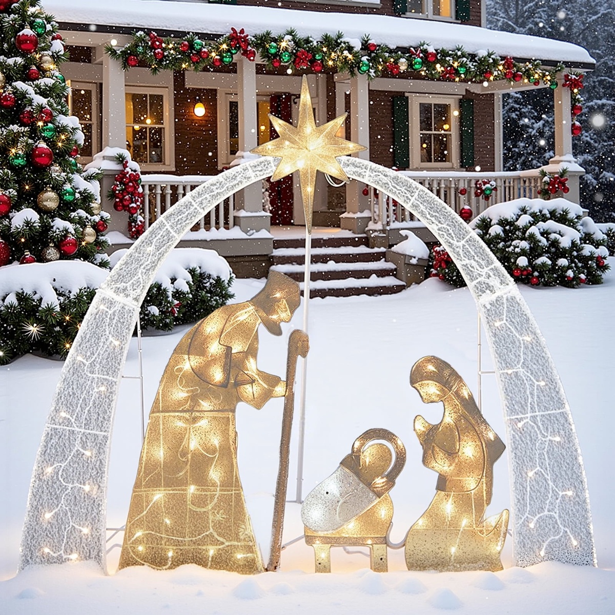 leuchtende Weihnachtsdeko im Vorgarten mit religösem Sujet