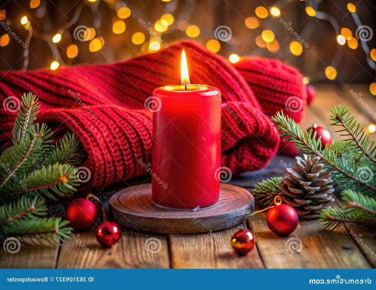 traditionelles Weihnachtsarrangement mit einer roten Kerze und Tannengrün