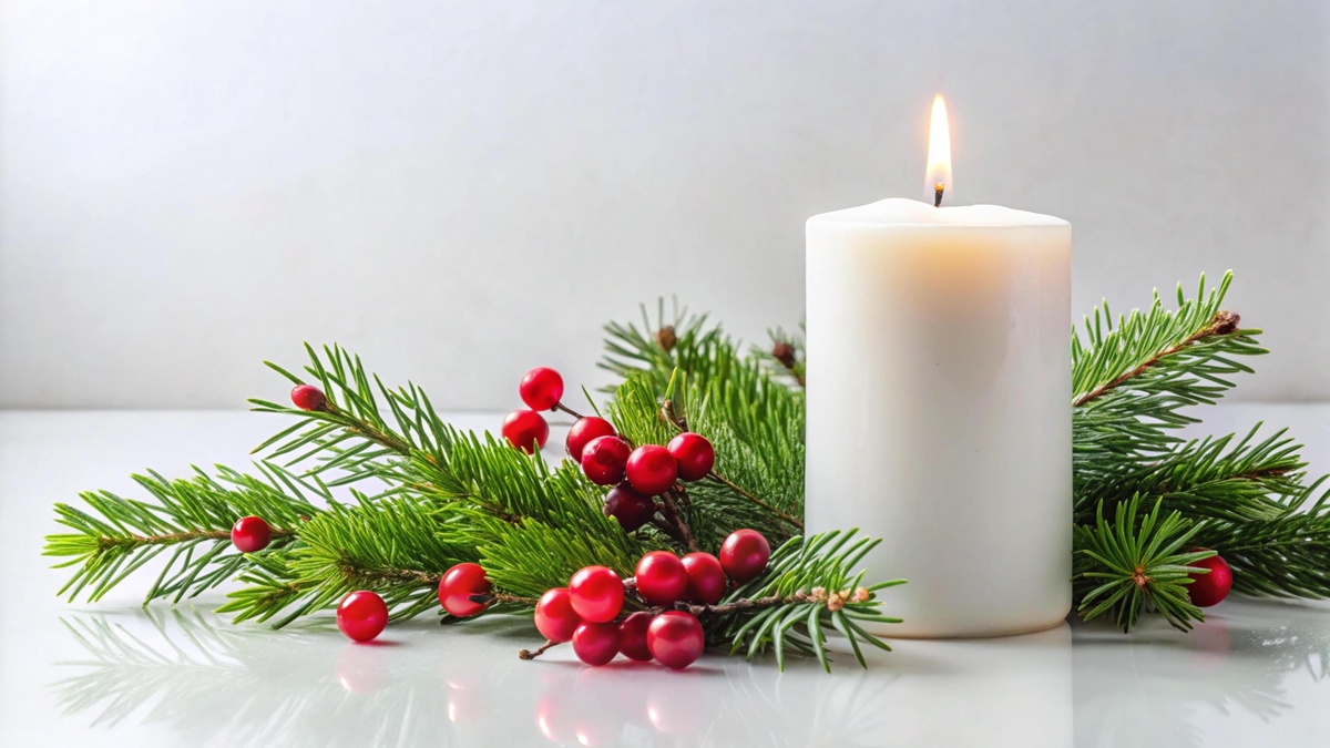 weiße Kerze mit Tannengrün und roten Stechpalmenbeeren 