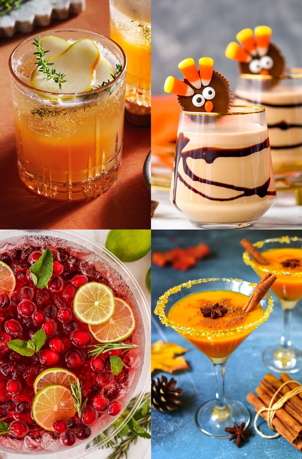 vier verschiedene Weihnachtscocktails mit Fruchtgeschmack