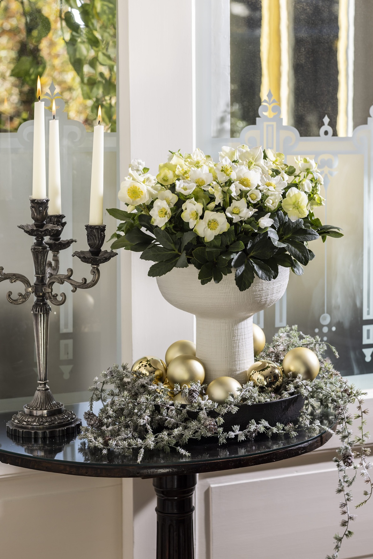 Weihnachtsdeko mit Christrosen - tolles Blumenarrangement als Blickfang