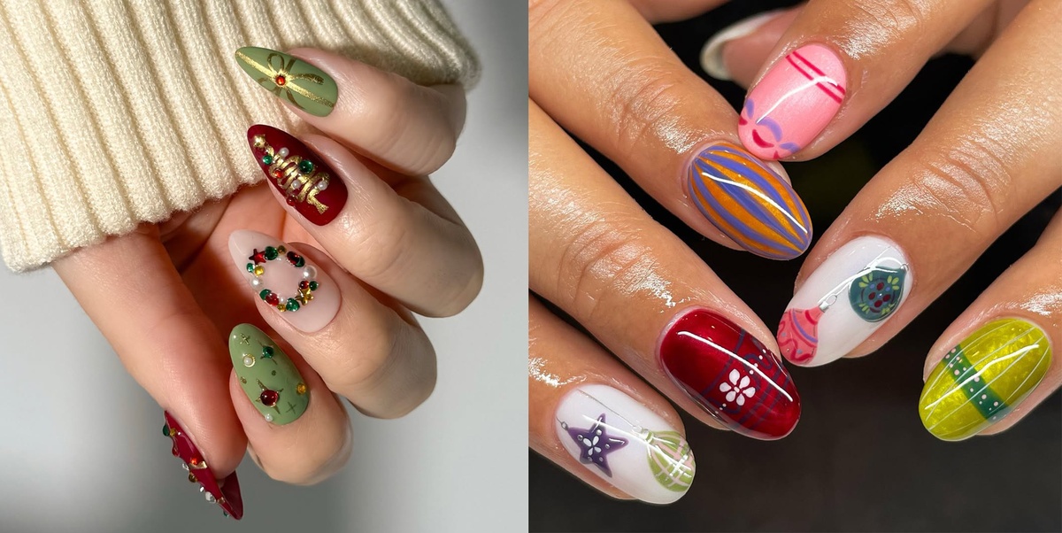 bunte Christmas Nails mit vielen Ornamenten 