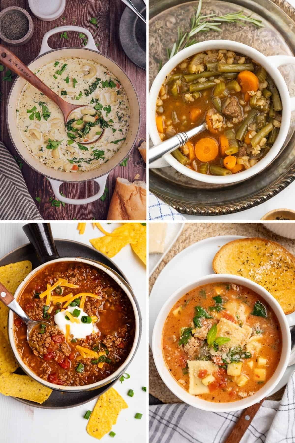 vier verschiedene Wintersuppen mit Hackfleisch