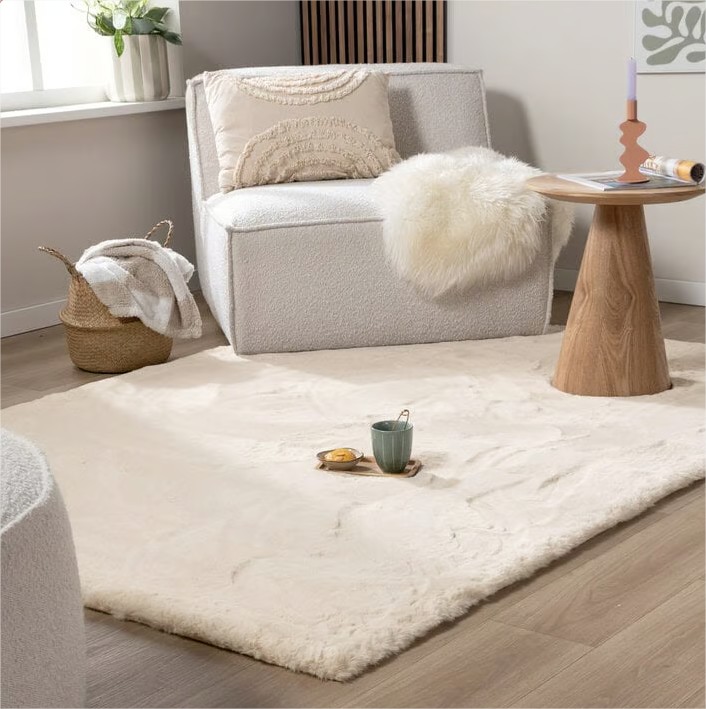 perfekte Eelax-Ecke mit Sessel und weichem Teppich auf dem Boden 