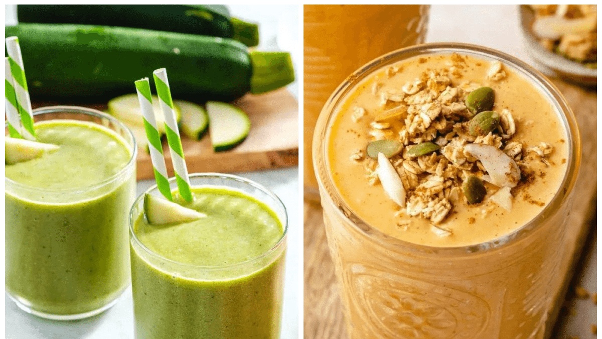 zwei Bilder - links gesunder Gurkensaft, rechts kalorienreicher Kaffee-Milch Shake