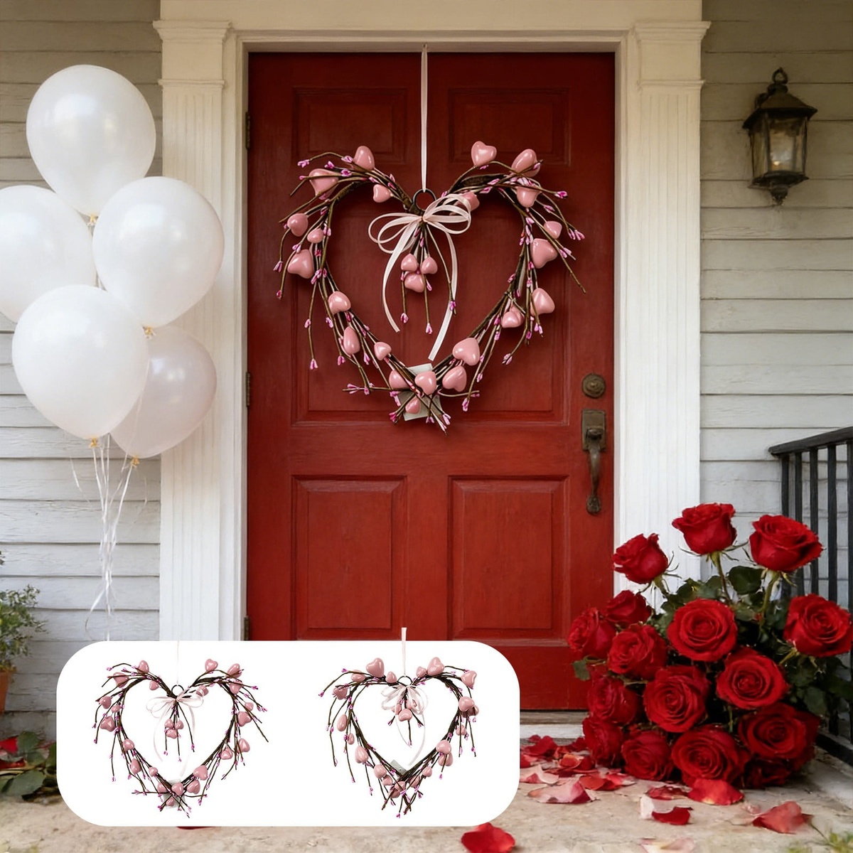 Valentinstag Deko am eingang - Luftballons, Türkranz, rote Rosen 