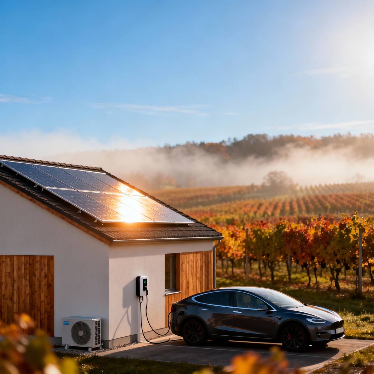 modernes autarakes Haus mit Stromversorgung fürs Auto 