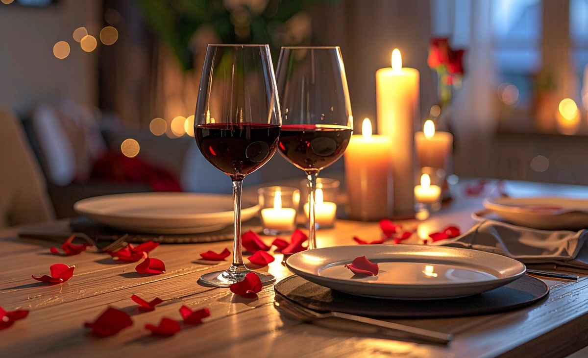 Kerzenlicht, rote Rosenblätter und roter Wein 