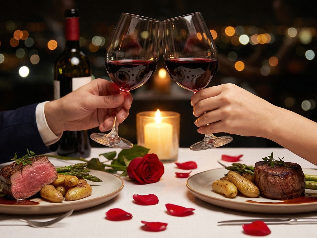Kerzenlicht, Rosen und roter Wein am Valentinstag 