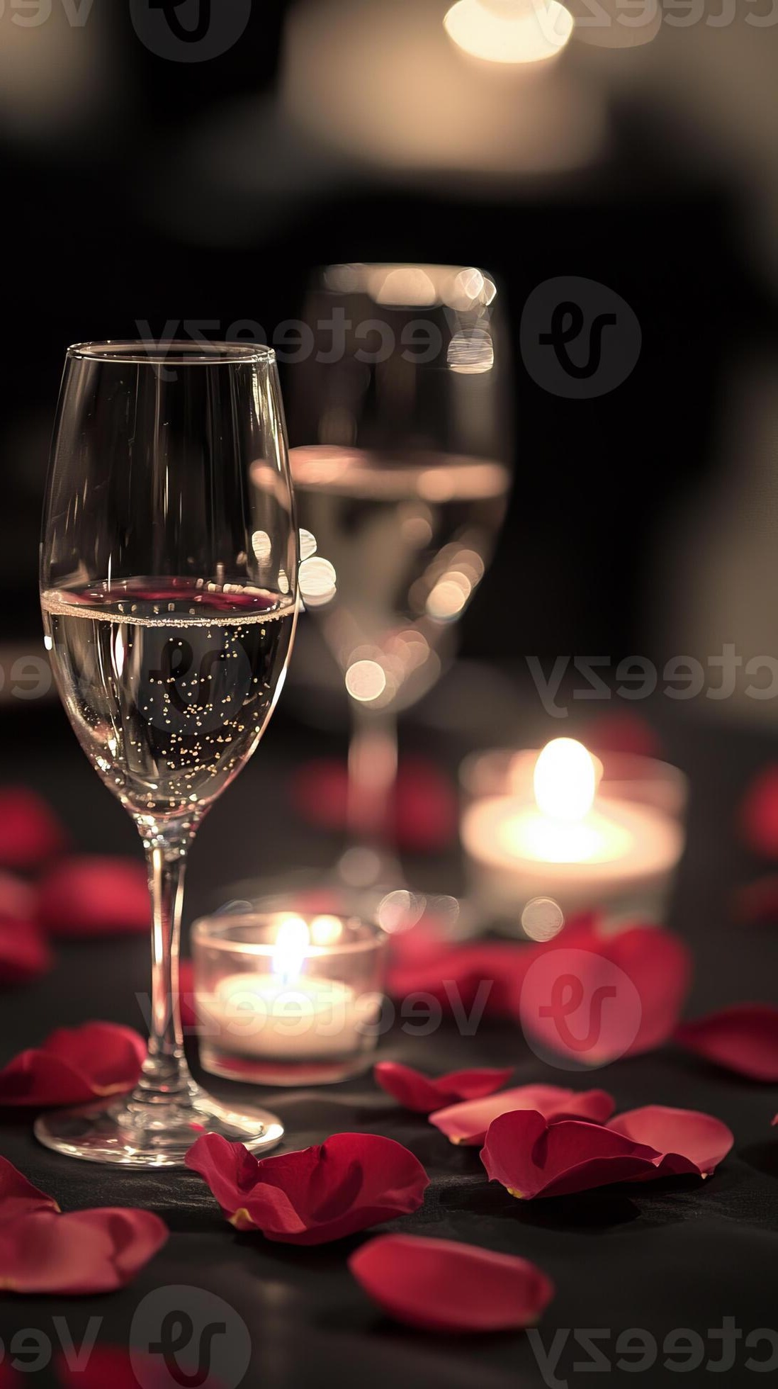 rote Rosenblätter, Kerzenlicht und zwei Gläser Sekt - Candle-Light-Dinner