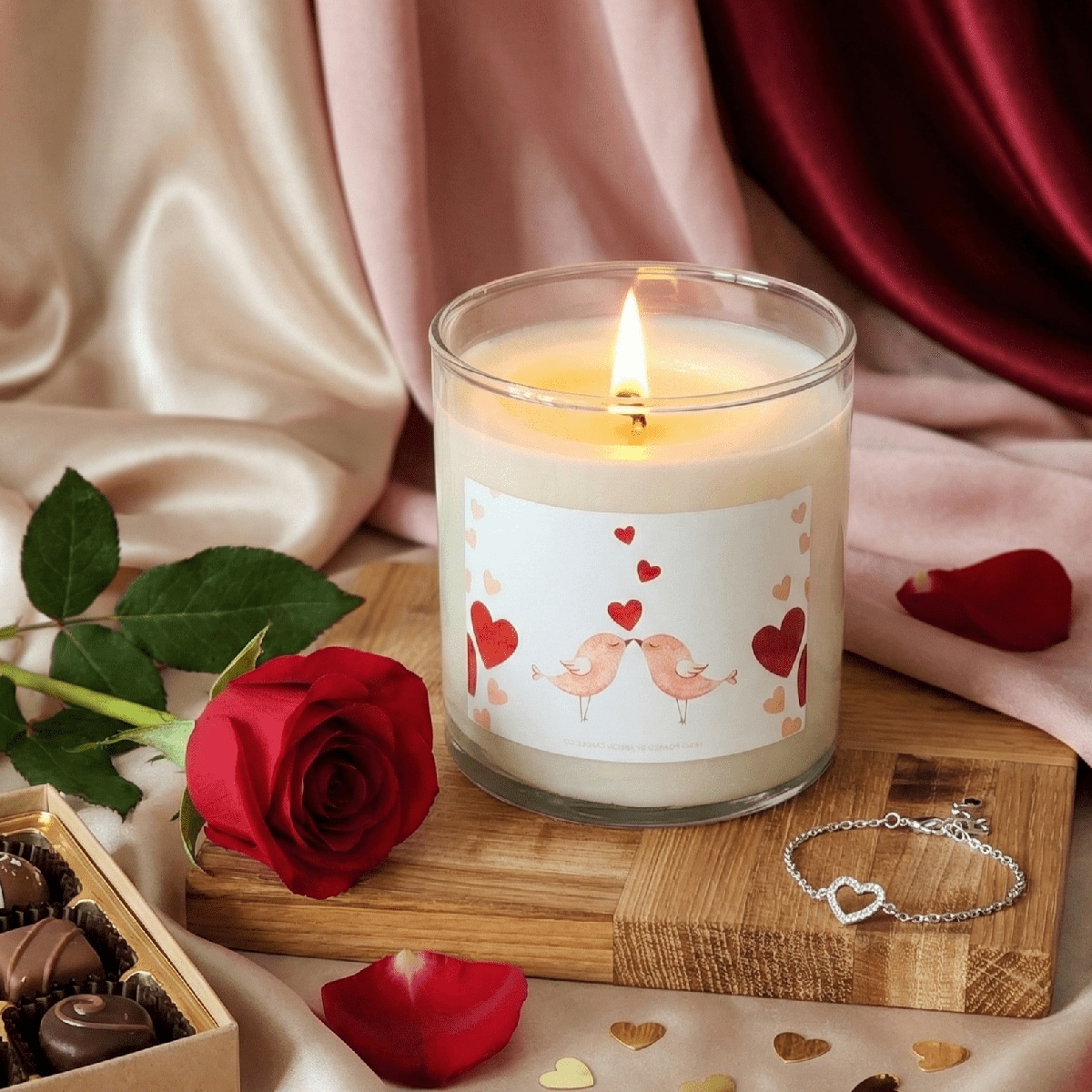 schöne Idee für romantische Deko - brennende Kerze, rote Rosen Armband, Pralinen 