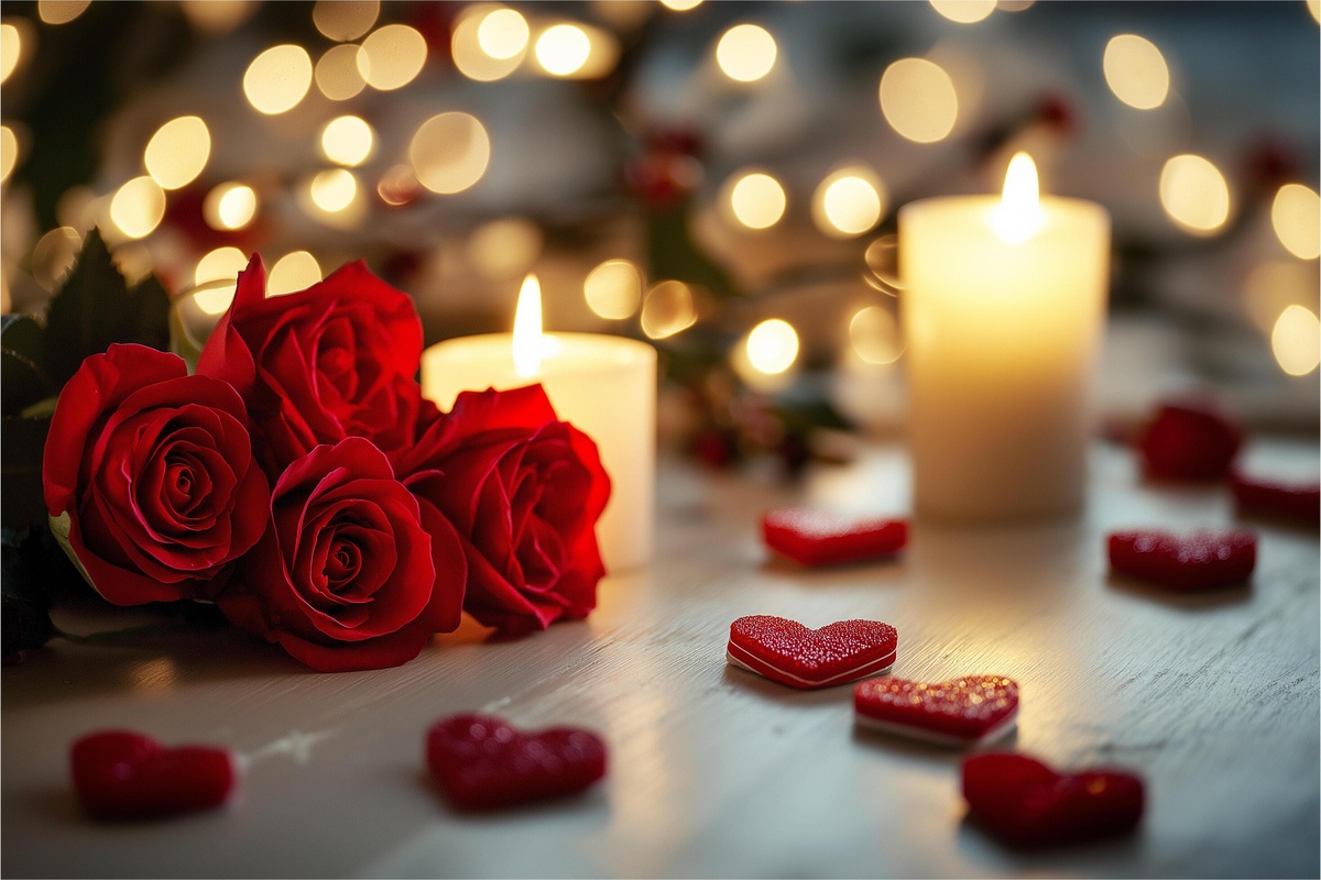 dezentes Licht, rote Rosen, Kerzen und rote Herzen 