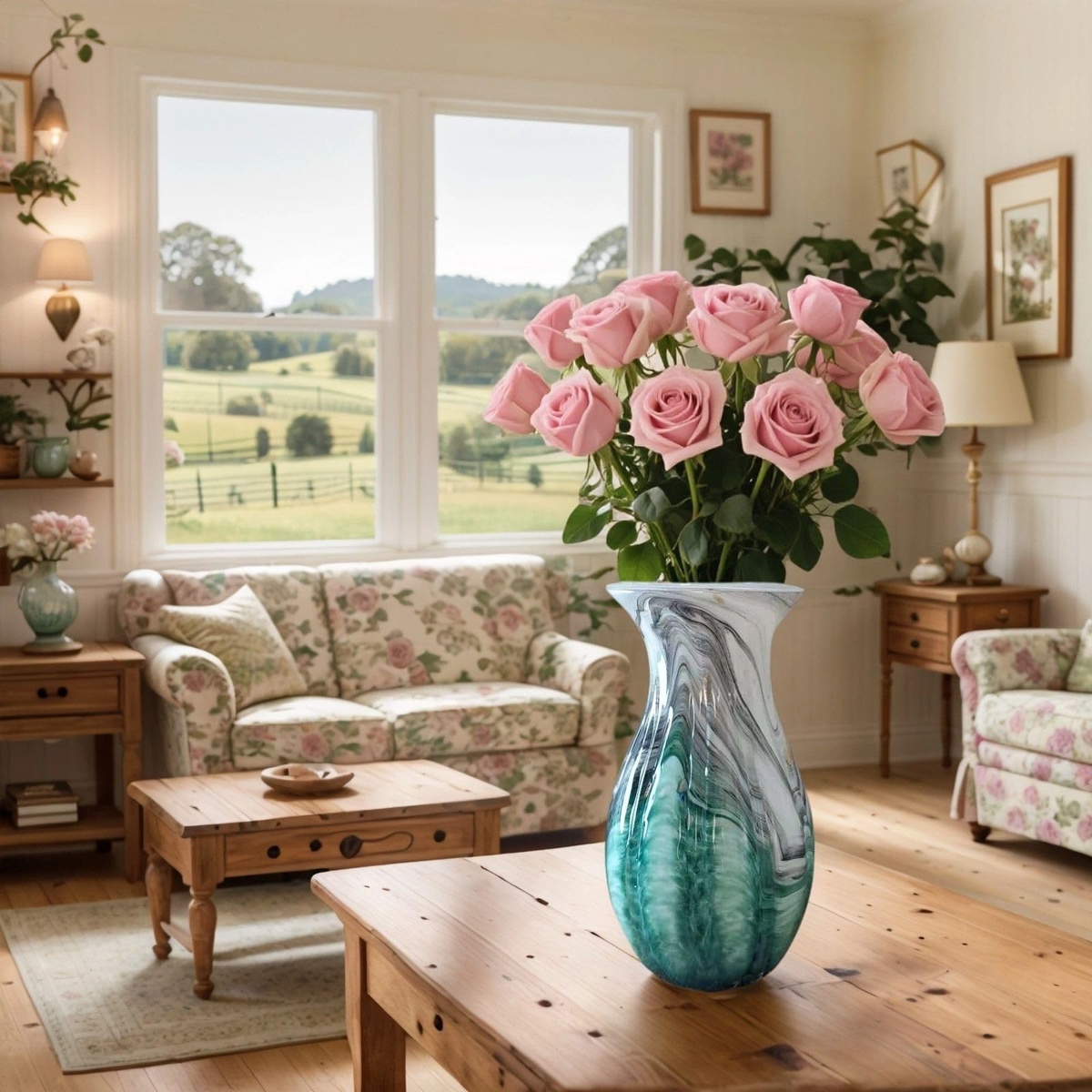 rosa Rosen in hoher Vase auf dem Tisch im Wohnzimmer