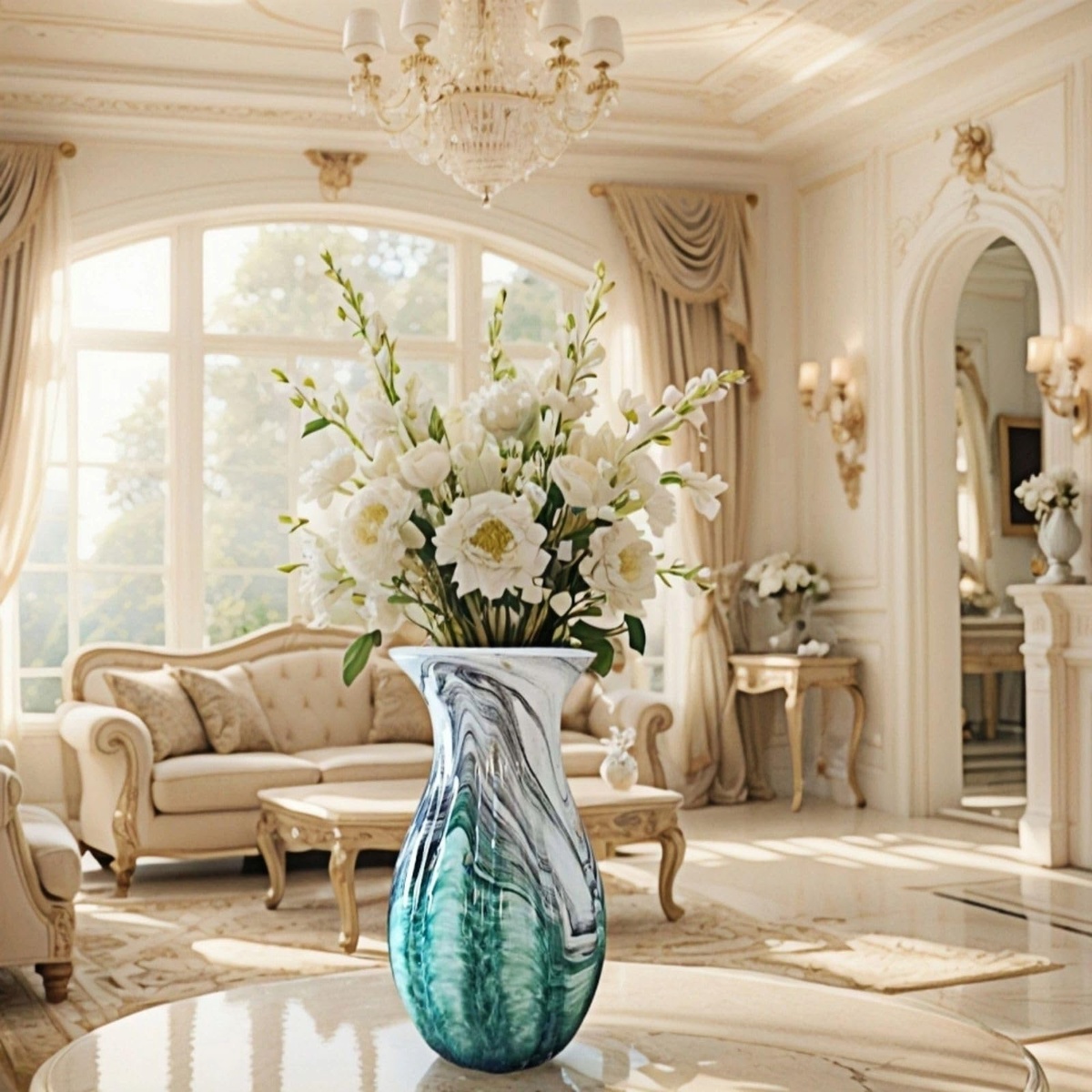 schöne weiße Blumen in Vase auf dem Tisch im Wohnzimmer