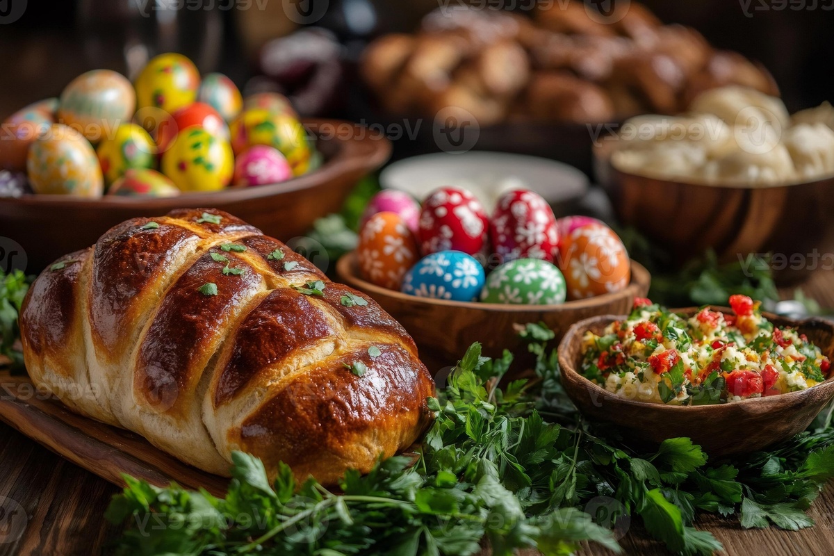 bunte Eier, Osterbrot und Salat - traditionelle Ostergerichte