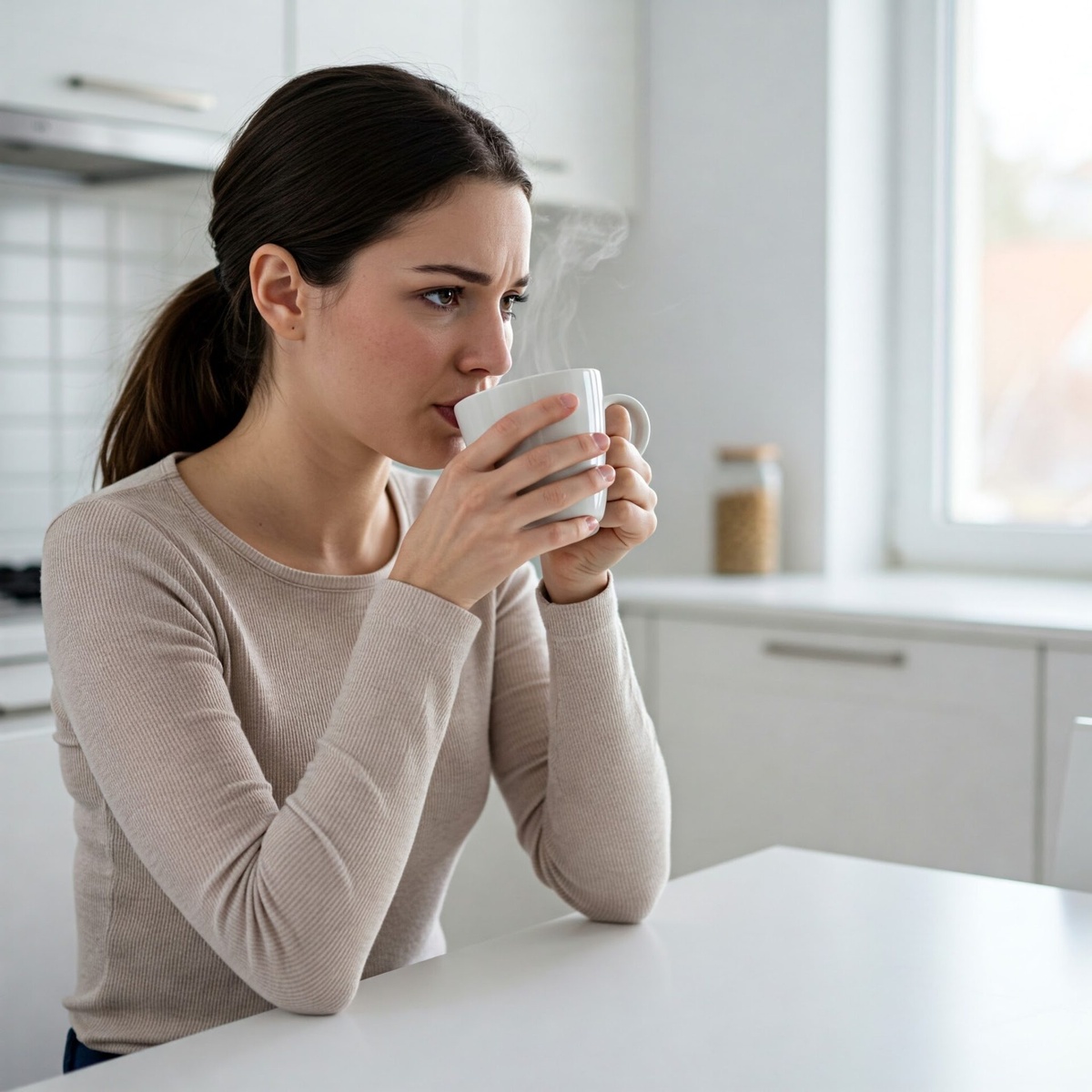 Junge Frau trinkt Kaffee zu Hause